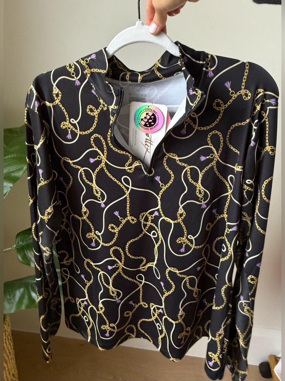 NWT GOTTEX Chains Printed Kate Mock Neck Half Zip Jacket / Top in Black & Gold ✨